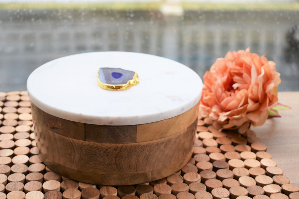 Round Wooden Box with Marble Lid