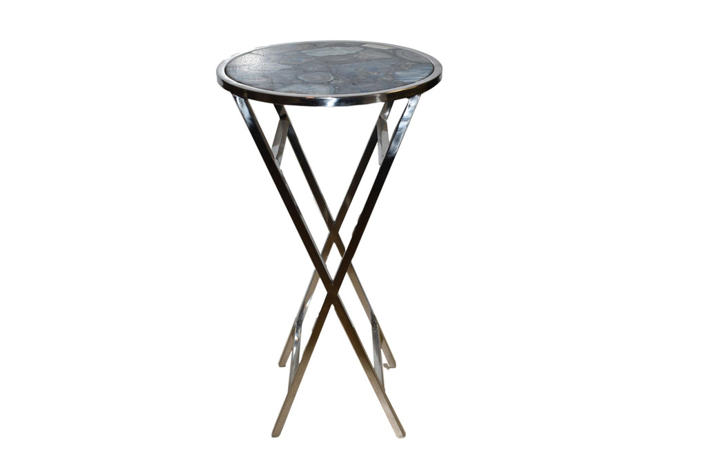 14" Round Pastel Blue Agate Composite Side Table with Polished Steel Trim 