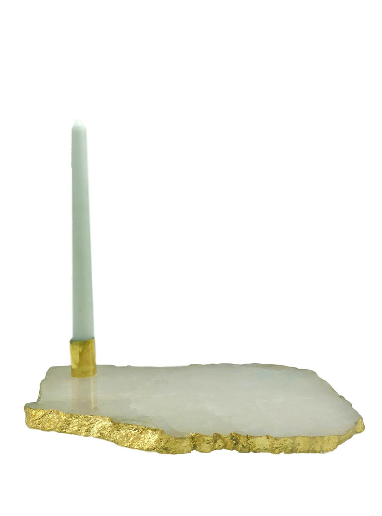Rose Quartz Serving Platter Candle Holder with Gold Trim 